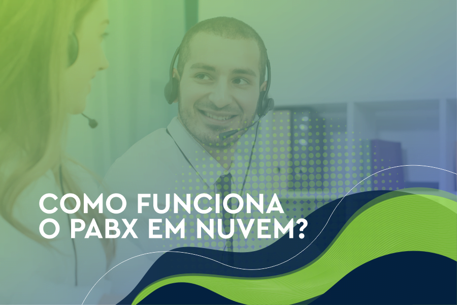 Ilustra o PABX em nuvem, homem e mulher conversando por headset.